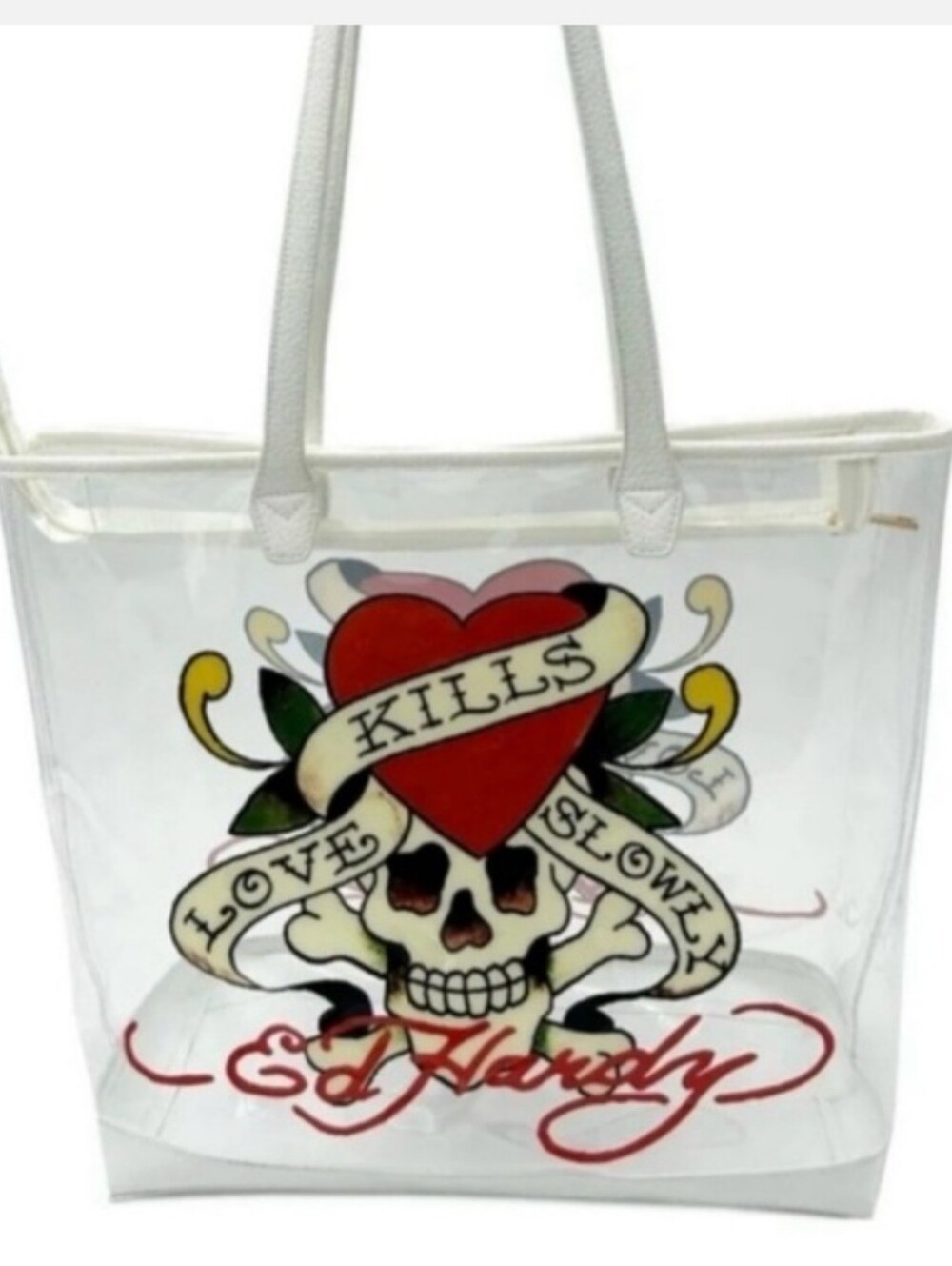 Ed Hardy Clear Tote Bag with Red Heart Skull Graphic